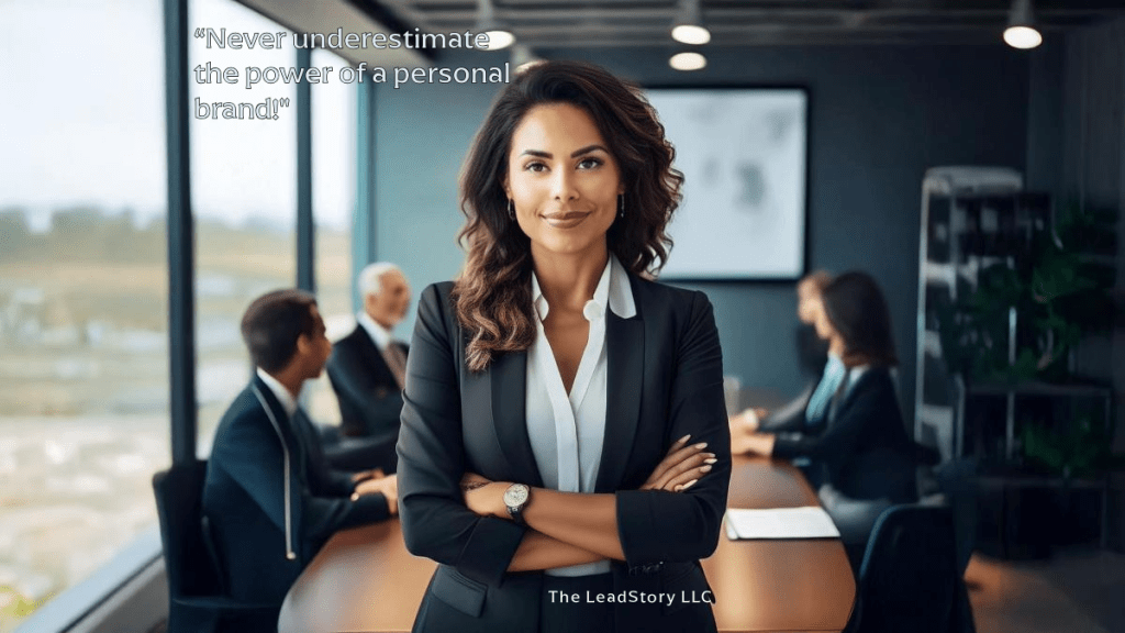 A woman with her arms folded standing in front of boardroom table with her colleagues seated in the rear.