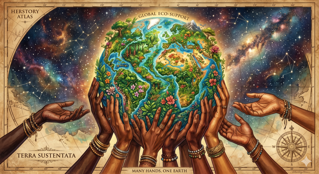 An ornate vintage map style illustration titled "HERSTORY ATLAS GLOBAL ECO-SUPPORT," showing a lush green planet Earth covered in trees, plants, and flowers, held aloft by numerous hands of diverse skin tones adorned with bracelets and rings. The planet is set against a backdrop of a colorful galaxy with stars and constellations labeled Virgo and Libra. The map has an aged parchment border with latitude and longitude markings, and text at the bottom reading "TERRA SUSTENTATA" and "MANY HANDS, ONE EARTH." A compass rose is in the lower right.